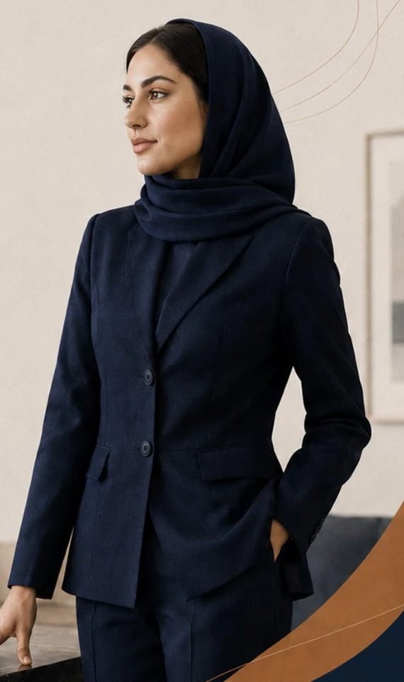 بانویی با کت و شلوار سرمه‌ای فرمینا در محیط کار